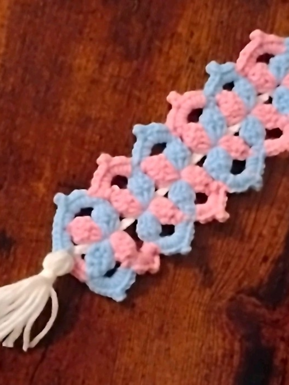 Handmade Pink and Blue Crochet Bookmark with White Tassel